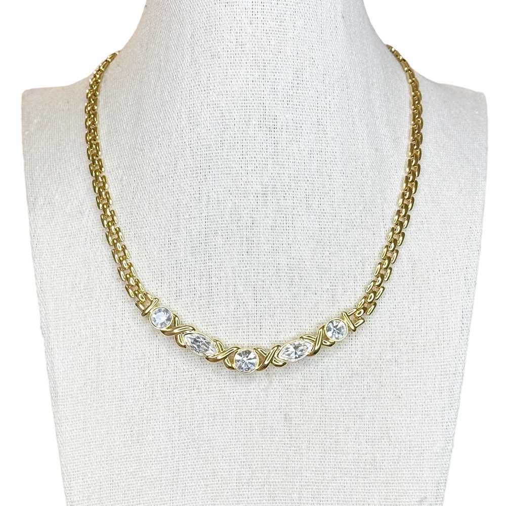 Trifari Vintage Gold Link Chain Clear Stone X Shape Necklace